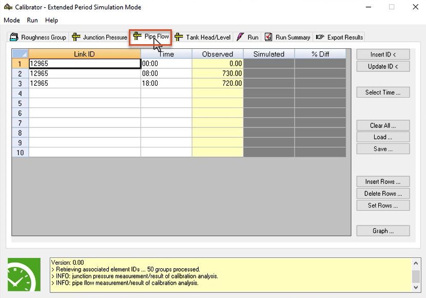 In the Calibrator app, the Pipe Flow tab highlighted, with values entered in the first 3 rows for this example.