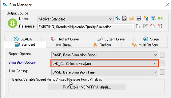 The Run Manager, on the Standard tab, with Simulation Options set to WQ_CL, Chlorine Analysis, highlighted in red.