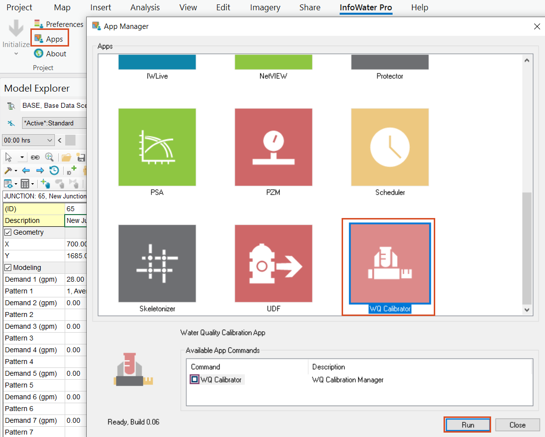 On the InfoWater Pro ribbon, Apps selected, and in the open App Manager, WQ Calibrator and Run selected.