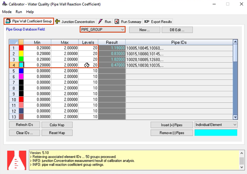 The WQ Calibrator app, Pipe Wall Coefficient Group tab, with PIPE_GROUP highlighted in red, and the 4 rows of values entered for this example highlighted in red.