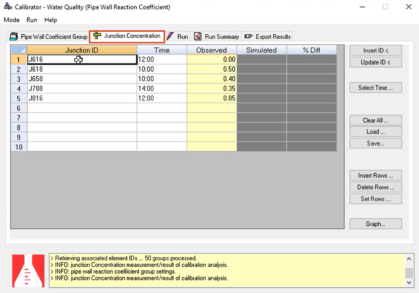 The WQ Calibrator app, Junction Concentration tab, with 5 rows of values entered for this example, and the tab name highlighted in red.