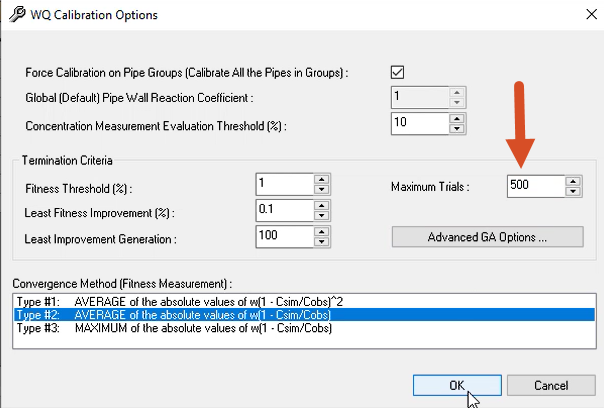 The WQ Calibration Options dialog box, with Maximum Trials set to 500 and called out with a red arrow, and OK selected.