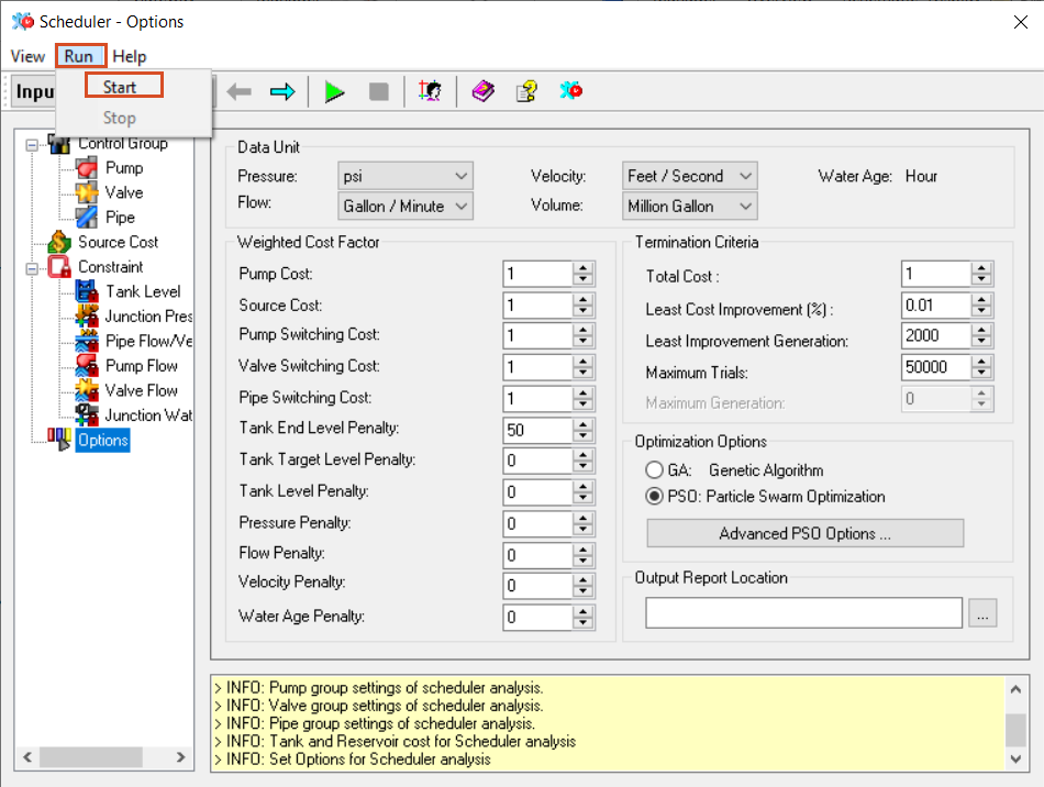 In the Scheduler app, Input Data view, the Run menu expanded, with Start selected and highlighted in red.