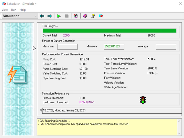 Simulation view with green traffic light indicating that the simulation is complete.