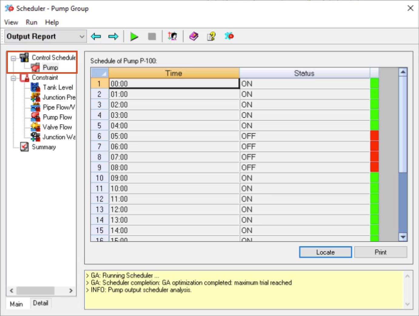 The Scheduler, Output Report view, with Pump selected under the Control Group category, highlighted in red, and in the dialog box, the schedule of the first element in the pump control group.