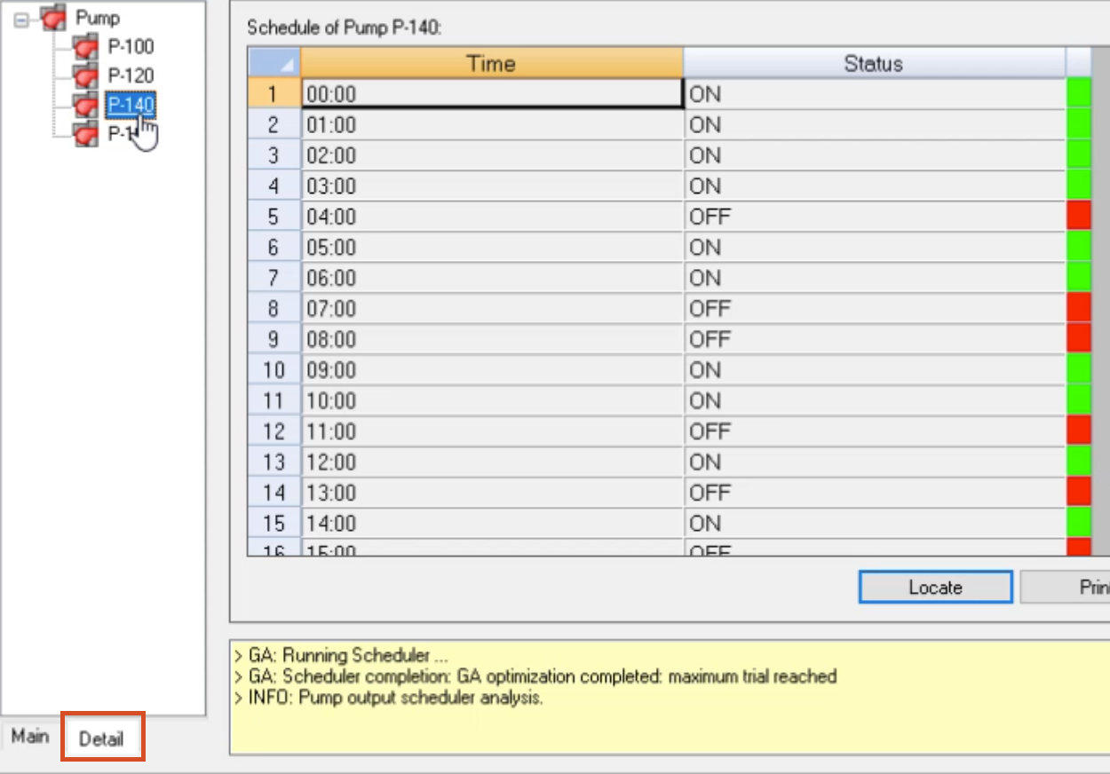 In the Scheduler, Output Report view, the Detail tab selected and highlighted in red, and under Pump, P-140 selected to display its schedule.