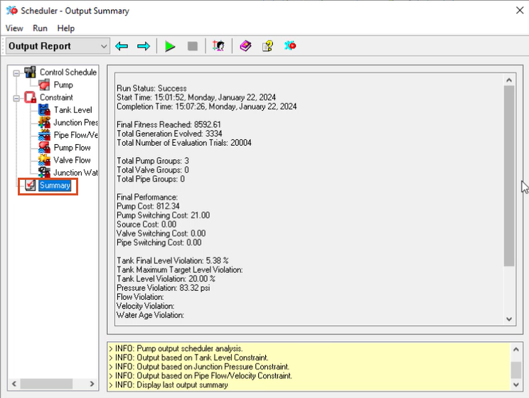 In the Scheduler, Output Report view, the Summary category selected and highlighted in red, and in the dialog box, the Summary report.