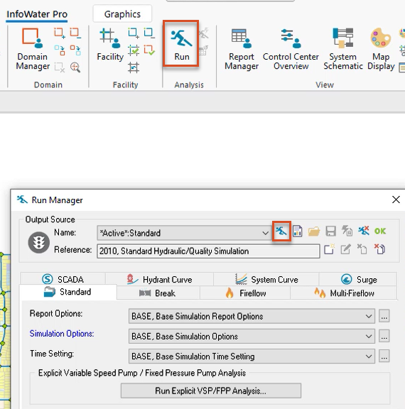 On the InfoWater Pro ribbon, Analysis panel, Run highlighted in red, and in the Run Manager, the Run button highlighted in red.