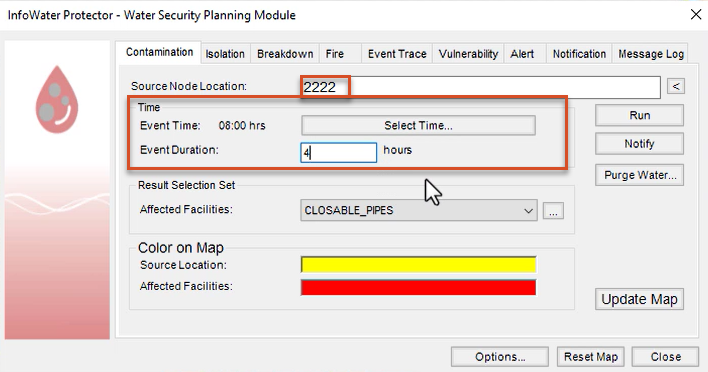 The Protector app, Contamination tab, with the Source Node Location and Time settings configured for this example and highlighted in red.