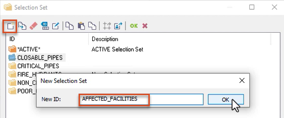 The Selection Set dialog box, with New highlighted in red; and in the New Selection Set popup, a New ID entered for this example and highlighted in red, and OK selected.