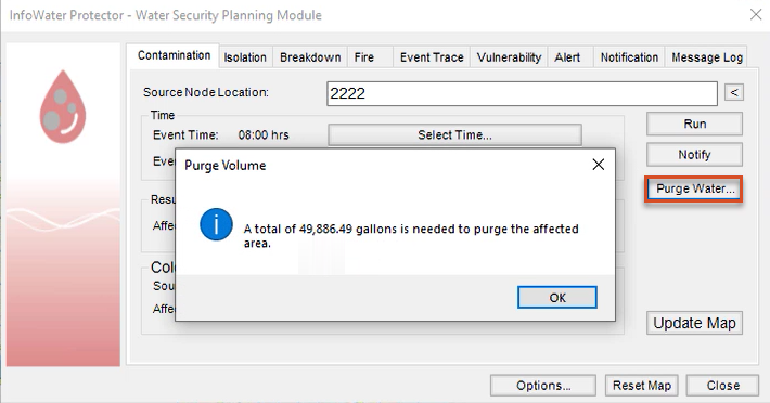 The Purge Volume dialog box reports the number of gallons needed to purge the affected area for this example; and in the background, the Protector app, Contamination tab, with Purge Water highlighted in red.