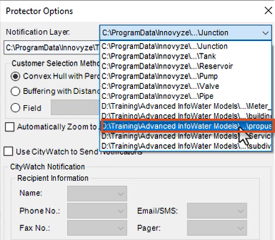 The Protector Options dialog box, with propuse selected and highlighted in red in the Notification Layer drop-down.