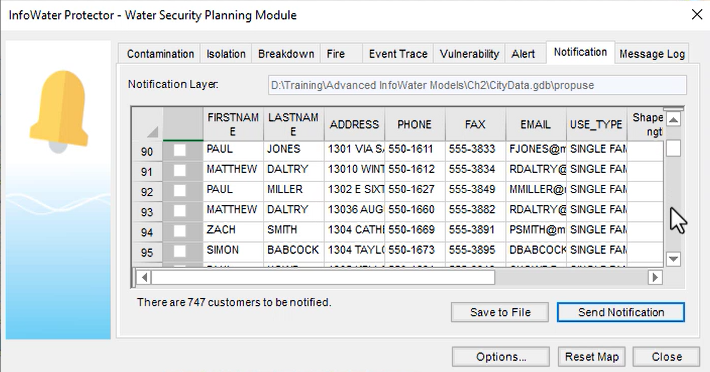 In the Protector, the Notification tab displays a table of affected customers and contact information.