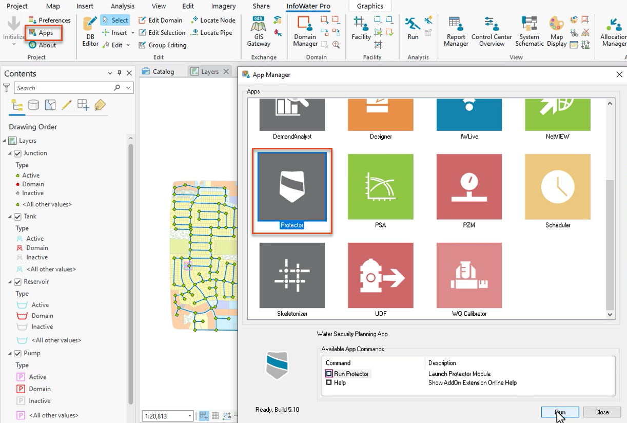 On the InfoWater Pro ribbon, Project panel, Apps highlighted in red; and in the App Manager, the Protector app selected and highlighted in red, with Run selected.