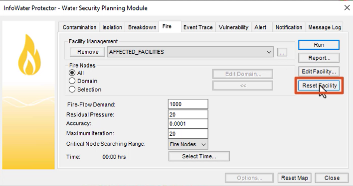 Protector on the Fire tab with all Reset Facility selected.