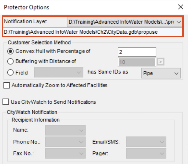 The Protector Options dialog box, with propuse selected as the Notification Layer, highlighted in red.