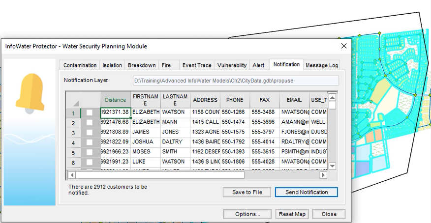 In the Protector, affected customers listed in the Notification tab, and in the map, parcels in the Alert Zone appear highlighted in a cyan color.