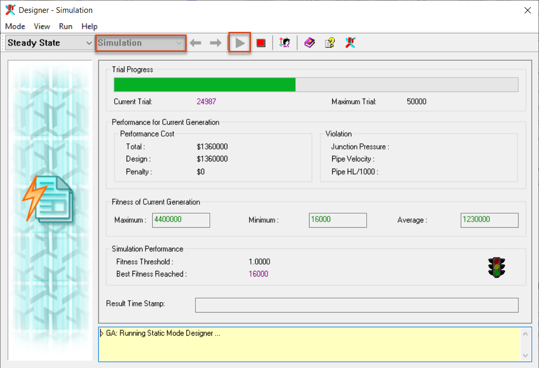 The Designer app displaying the Simulation view, with Simulation and the Run button highlighted in red.