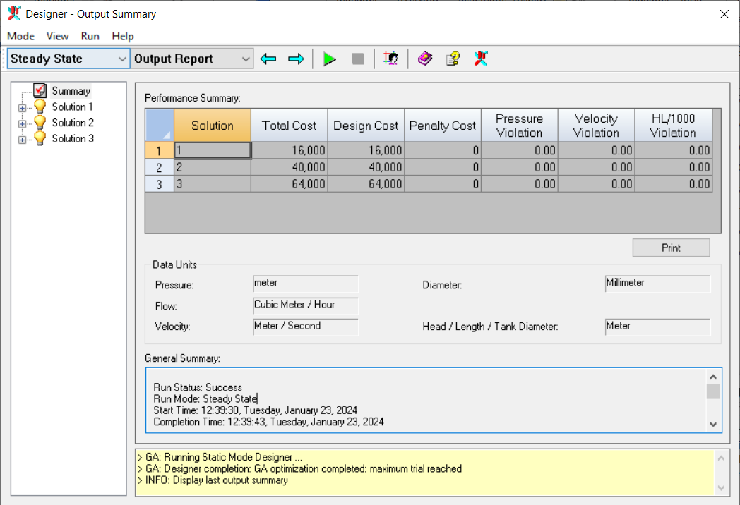 The Designer app displaying the Output Report view, including a Performance Summary table of solutions.