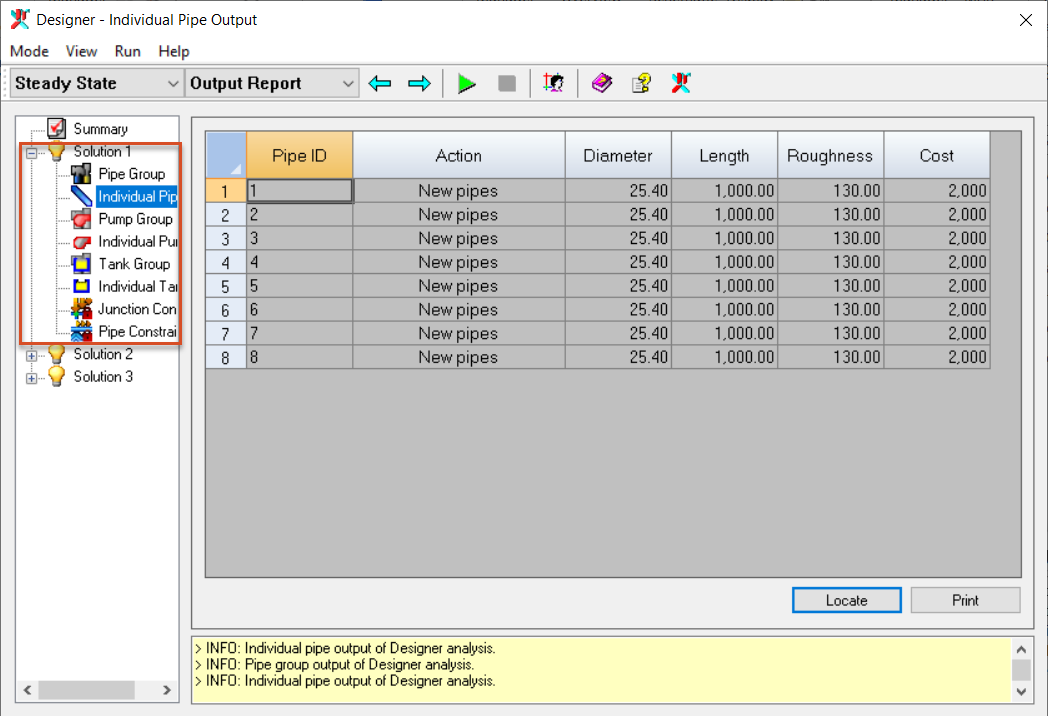 Designer app displaying the Output Report details for Solution 1.