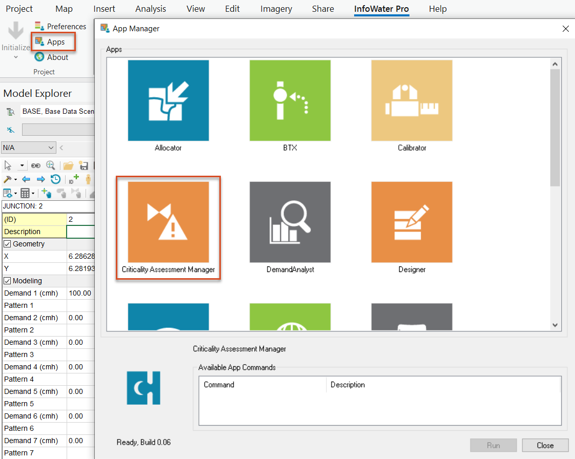 With Apps selected on the InfoWater Pro ribbon, the App Manager is open with Criticality Assessment Manager highlighted.