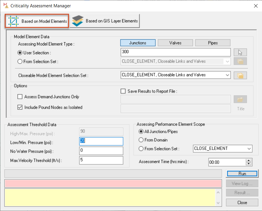 The Criticality Assessment Manager displaying settings for the Based on Model Elements mode, with the tab for this mode highlighted in red.