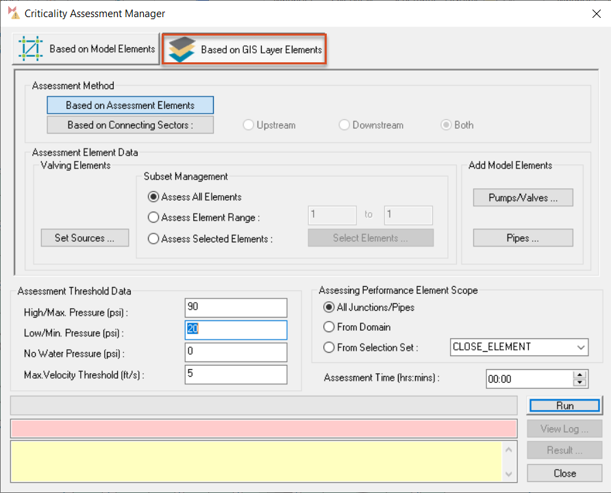 The Criticality Assessment Manager displaying settings for the Based on GIS Layer Elements mode, with the tab for this mode highlighted in red.