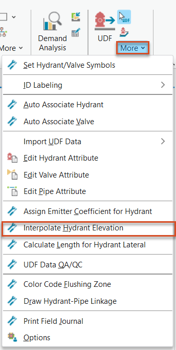 In the InfoWater Pro ribbon, UDF panel, More selected and highlighted in red, and in the expanded drop-down, Interpolate Hydrant Elevation highlighted in red.
