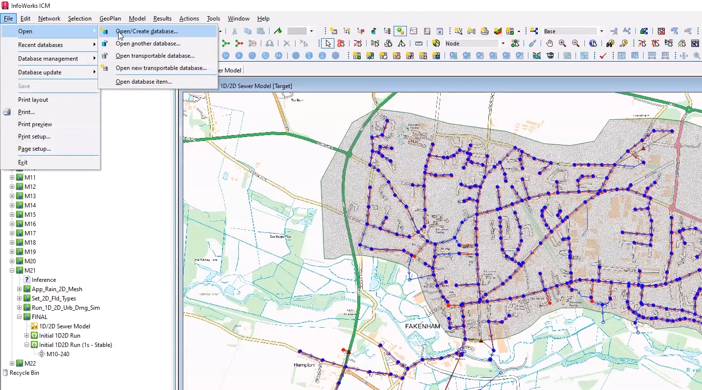 In the InfoWorks ICM user interface, an example sewer model is open on the GeoPlan; and in the expanded File menu, Open is selected, with Open/Create database selected in the flyout.