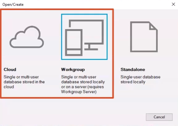 The Open/Create dialog box, with the Cloud and Workgroup database options highlighted in red.