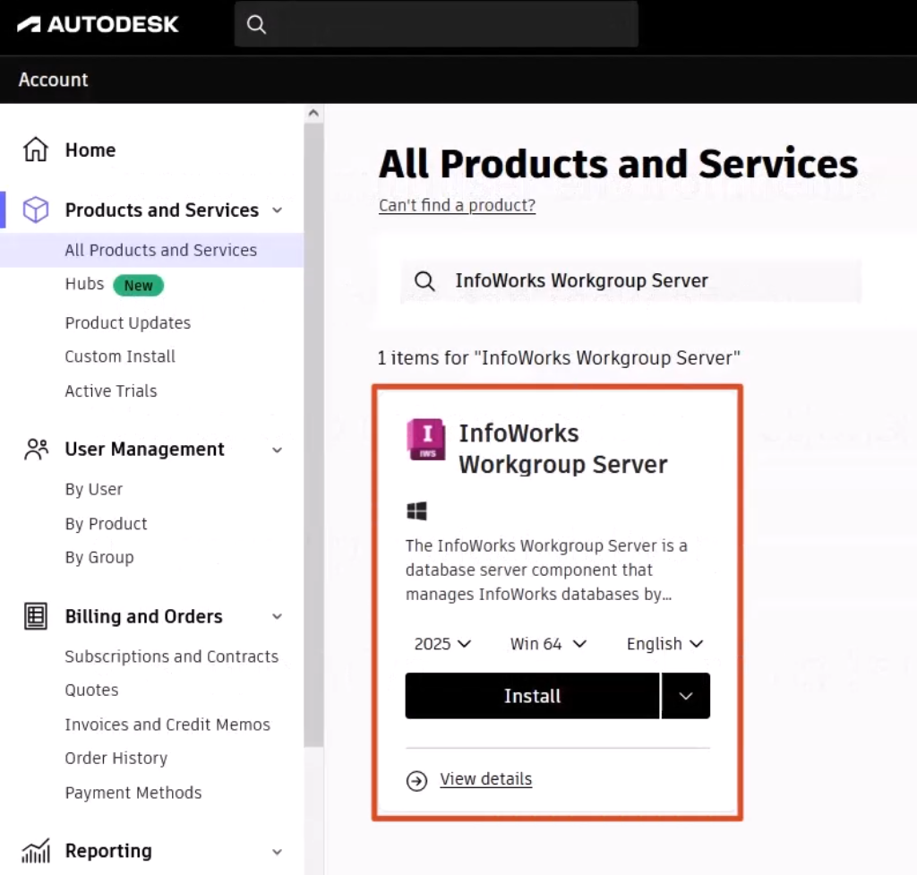 In Autodesk account, on the All Products and Services page, the tile with an Install button for the InfoWorks Workgroup Server is highlighted in red.