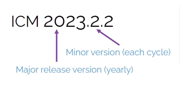 A sample InfoWorks ICM version number of 2023.2.2, with labels for the major release version and the minor version.