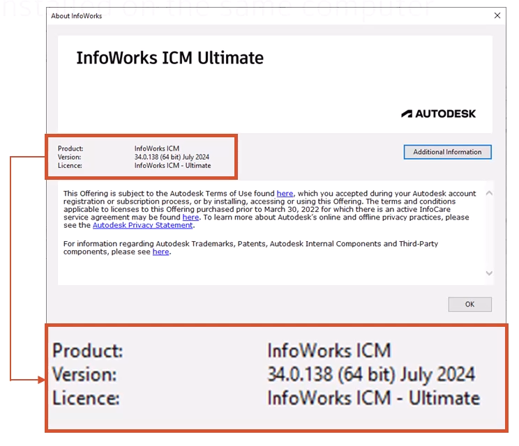 In the About InfoWorks dialog box, the Product, Version, and License information highlighted in red.