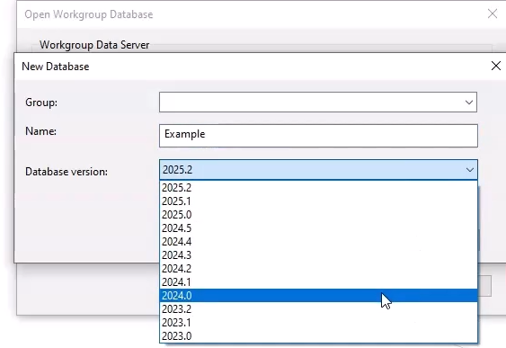 In the New Database dialog box for ICM 2025.2, the Database version drop-down is expanded, with 2024.0 selected; and in the background is the Open Workgroup Database dialog box.