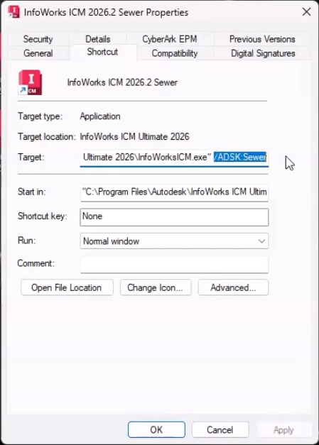 The InfoWorks ICM 2026.2 Sewer Properties dialog box, with the Shortcut tab active, where the Target field is highlighted by cursor selection.