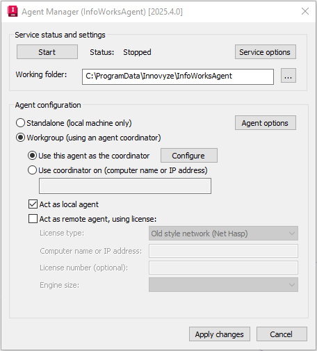 The Agent Manager dialog box, with settings for configuring the service and agent.