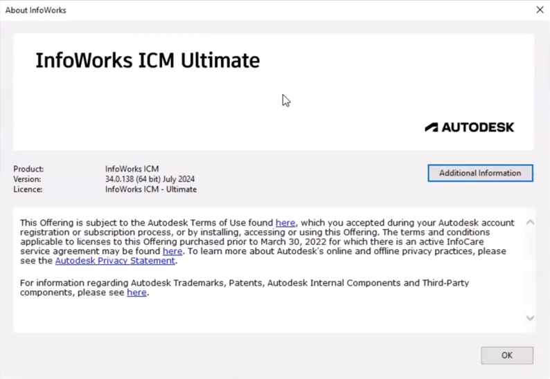 The About InfoWorks dialog, with the license used in this example listed as InfoWorks ICM – Ultimate.