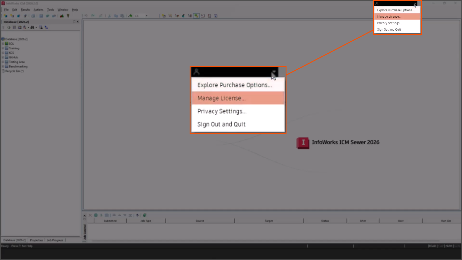 The InfoWorks ICM interface, dimmed in the background, with the Autodesk Account menu highlighted in the top-right corner and magnified in the center, showing the account options with Manage License highlighted.