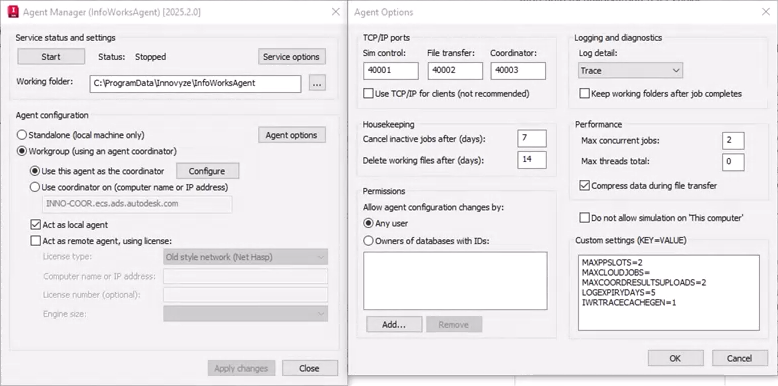 In two side-by-side dialog boxes, on the left, the Agent Manager, which includes an Agent options button; and on the right, the Agent Options dialog box.