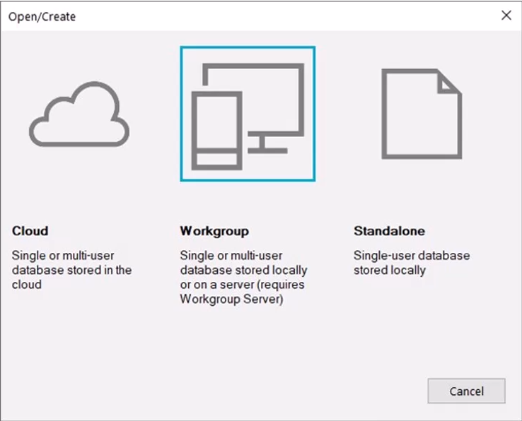 The Open/Create dialog box showing three options for opening databases: Cloud, Workgroup, and Standalone.