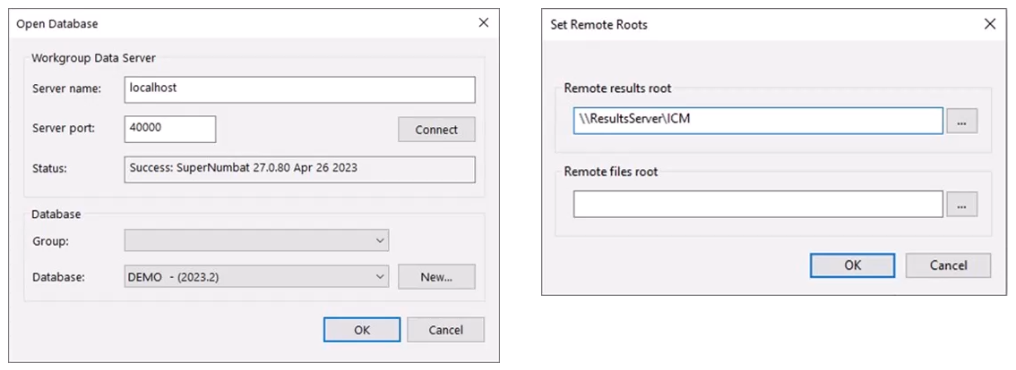 In two side-by-side images, the Open Database dialog box on the left, and on the right, the Set Remote Roots dialog box.