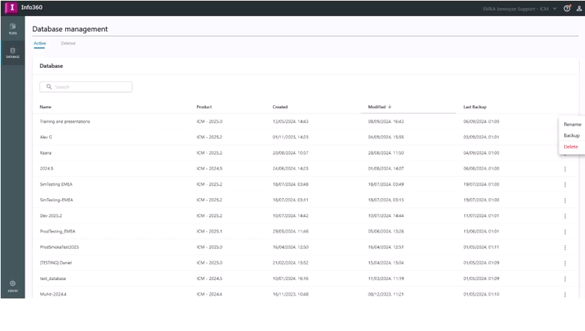 In the Info360 cloud environment, the Database management page, with a list of active databases.