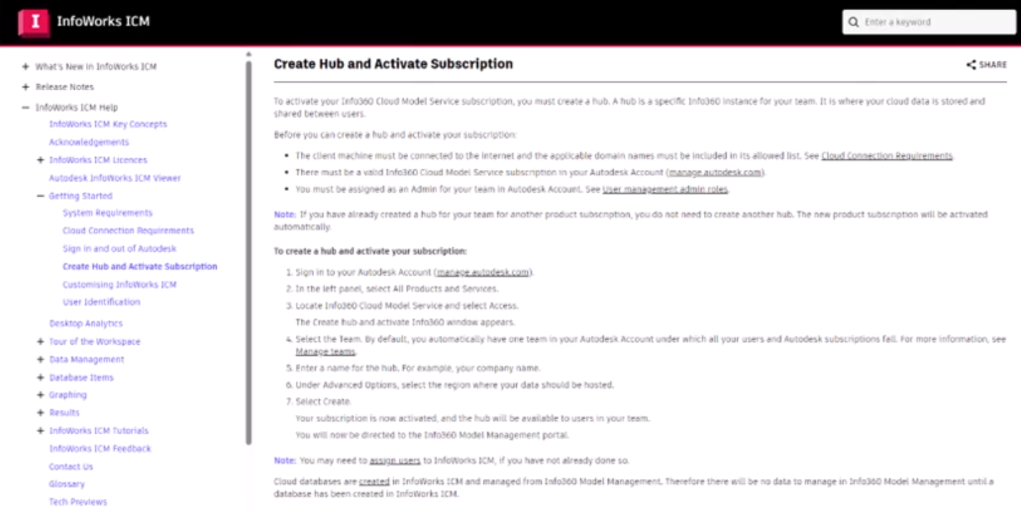 A browser window showing the InfoWorks ICM Help page entitled, Create Hub and Activate Subscription.