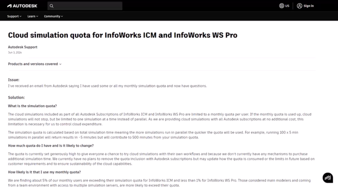 A browser window showing the Autodesk Support page entitled, Cloud simulation quota for InfoWorks ICM and InfoWorks WS Pro.