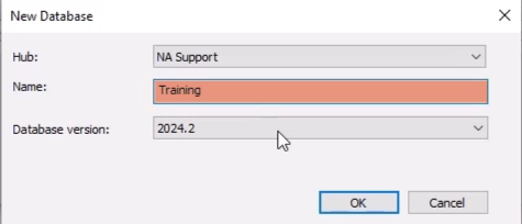 In the New Database dialog box, the Hub is selected, and the Name of the database is set to “Training”.