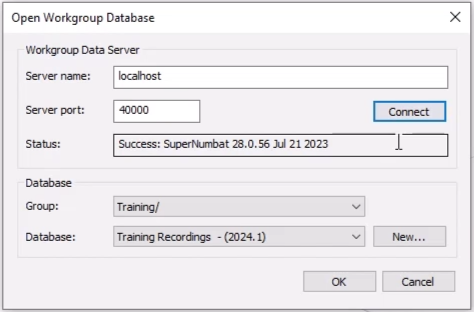 In the Open Workgroup Database dialog box, the Server name “localhost” is entered and Connect is highlighted.