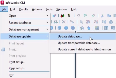 The InfoWorks ICM File menu, expanded with Database update selected, and in the flyout, Update database being selected.