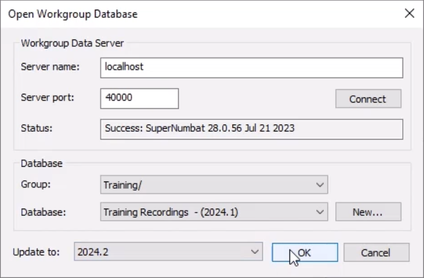 The Open Workgroup Database dialog box with the Server name entered, as well as the Group, Database, and version selected, and OK highlighted and selected.