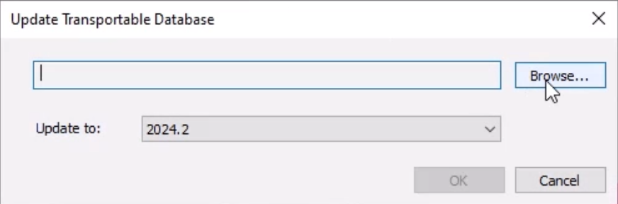 The Update Transportable Database popup with Browse being selected and the Update to: version set to the most recent version number.