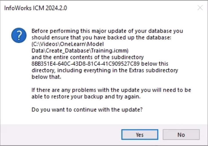 A notification popup stating the importance of ensuring the database is backed up before upgrading, in case it needs to be restored.